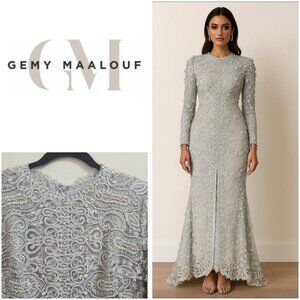 Gemy Maalouf Lace Evening Gown Light Grey Embroidered Long Sleeve Slit Front 12